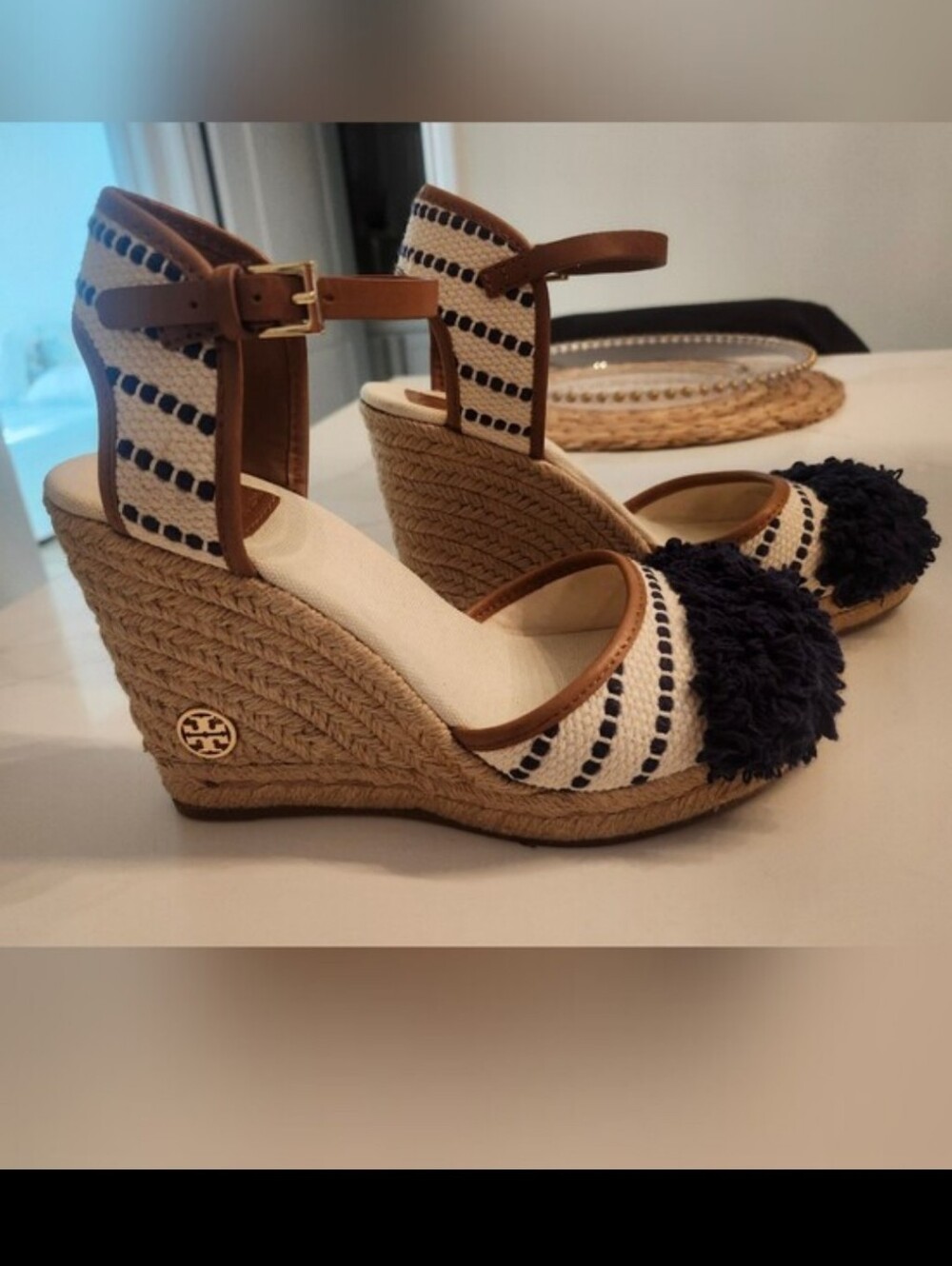 Tory Burch Shaw Espadrille Wedge Sandals In Navy Sea & Royal Tan Sz 8 - Picture 10 of 13